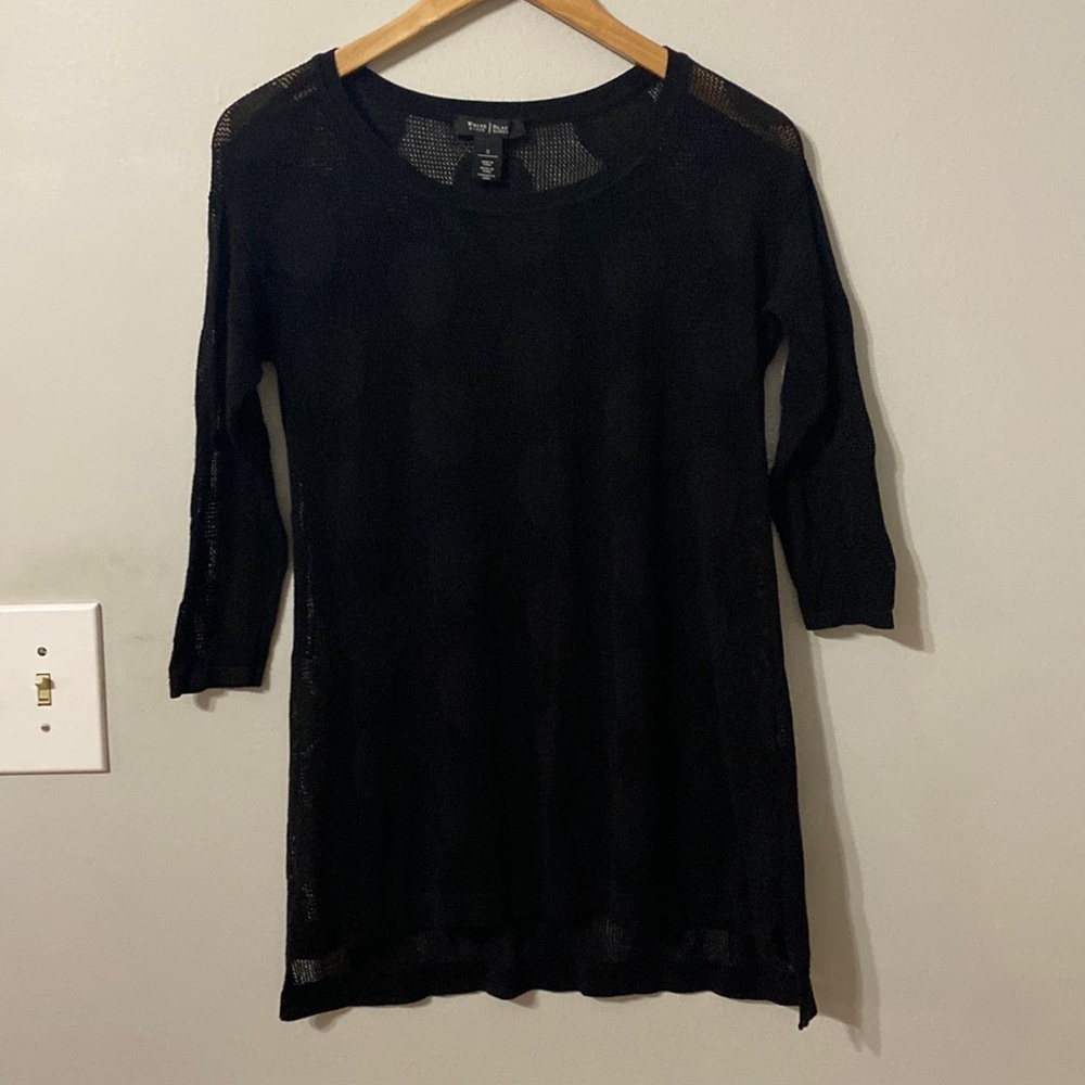 White House Black Market WHBM Size S Black Polka Dot Sheer 3/4 Sleeve Blouse Top